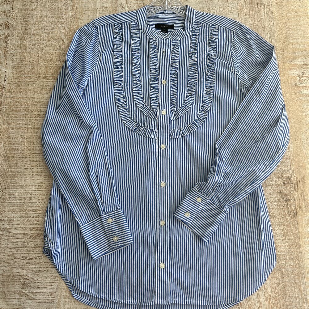 J. Crew blue/white pin-stripe pleated ruffle bib button down top blouse Sz small